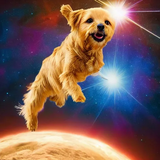 Prompt: A blond Norfolk terrier flying through the universe with an explosion behind it