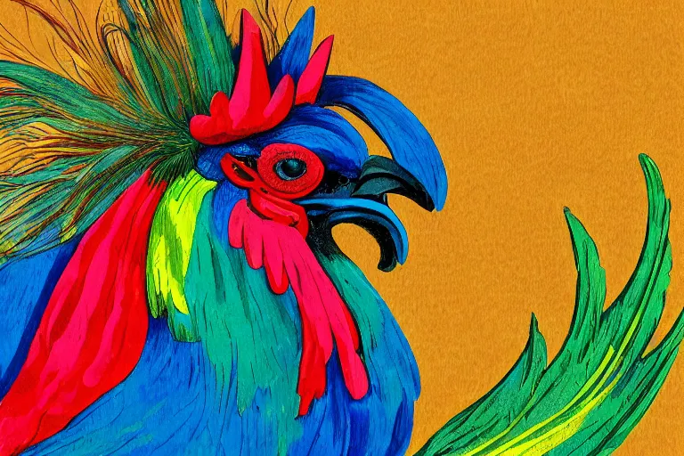 Prompt: illustration of a rooster with feathers of many colors, by karl wilhelm de hamilton and liam cobb, lively colors, portrait, sharp focus, colored feathers