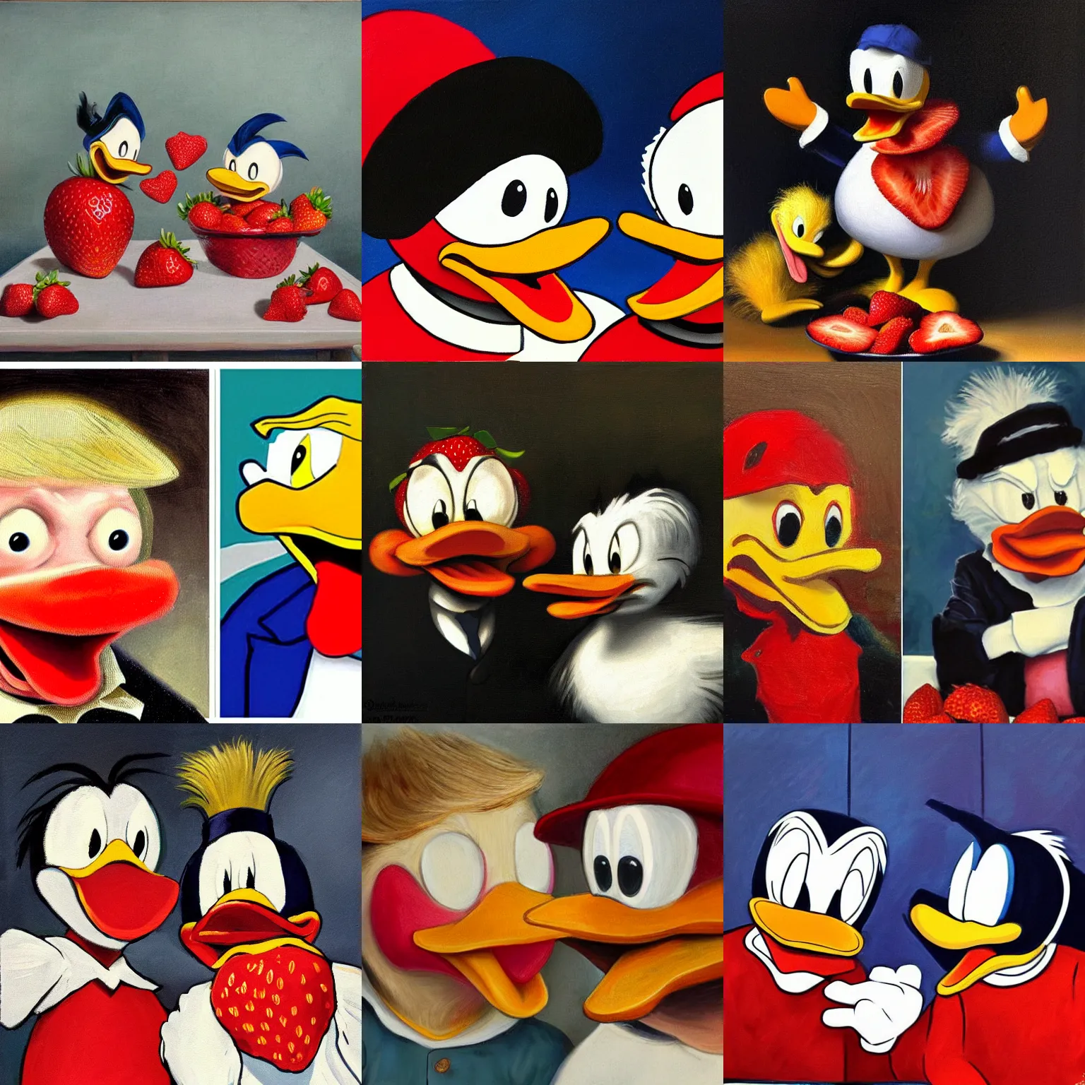 Prompt: donald trump and donald duck eating strawberries, painted in the style of rembrandt