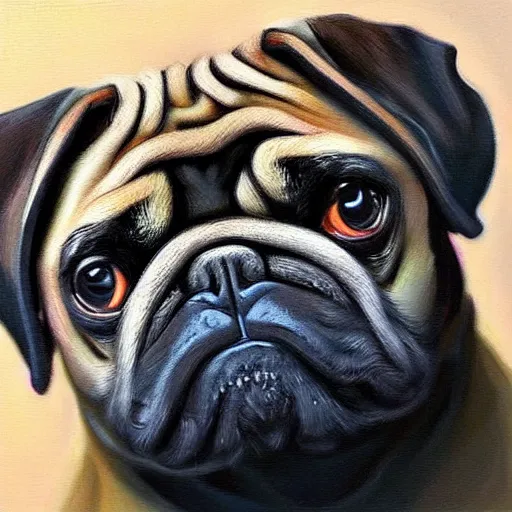Image similar to oil painting, a chad pug, intricate, masterpiece, artstation, stunning