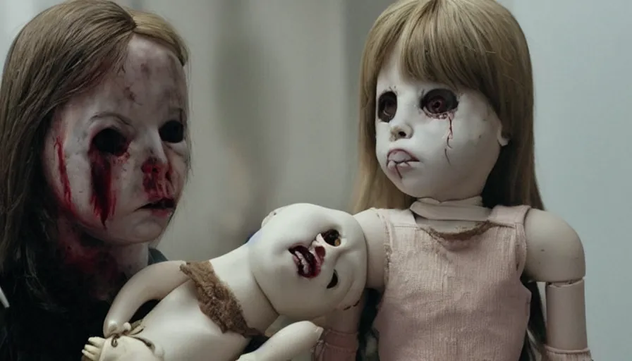 Prompt: big budget horror movie about a person being bitten by an evil killer doll