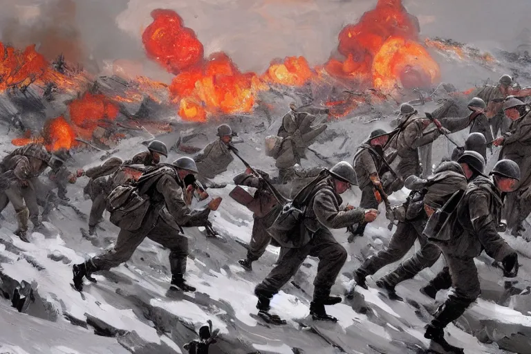 Prompt: far view of intense vibrant film still of infantry wearing trenchcoats charging across a snowy bridge, snowy mountain, ww 2 normandy 1 9 4 4, battle, fire, burning, smoke, oil painting by john singer sargent, adrian smith, greg rutkowski, trending on artstation