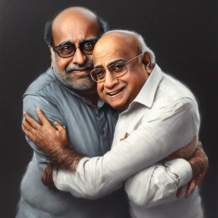 Image similar to portrait of tall indian man hugging danny devito, elegant, real life skin, intricate artwork, high detailed, artstation, concept art, smooth, sharp focus, art by artgerm and greg rutkowski