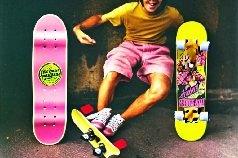 Prompt: 80s, skateboard, Hawaiian pizza, advertisement