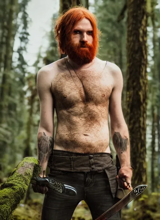 Image similar to grungy redhead 30-something scruffy bearded shoulder-length hair swordsman holding a short curved sword in a ultradetailed pacific northwest redcedar forest, smooth. sharp focus, grunge dingy matte painting detailed,