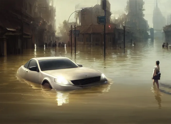 Image similar to a car driving through shallow water, flooded city, people walking through shallow water, muted colors, hyperrealistic, oil painting, intricate, cgsociety, artstation, 8 k, cinematic, soft lighting, by greg rutkowski, by wlop, by artgerm