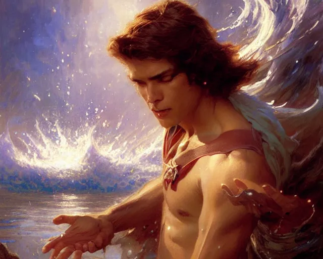 Image similar to attractive male wizard casting powerful tsunami wave spell in a beautiful lake. highly detailed painting by gaston bussiere, craig mullins, j. c. leyendecker 8 k