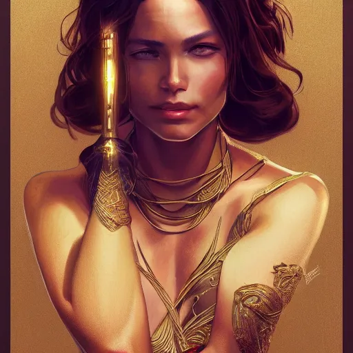 Image similar to Sandman with a gold suit, portrait, intricate, elegant, highly detailed, digital painting, artstation, concept art, smooth, sharp focus, illustration, art by artgerm and greg rutkowski and alphonse mucha