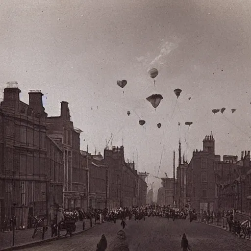 Prompt: the kind of London other Londons dream: sepia tinted, skies strung with dirigibles, the viciousness of empire acknowledged only as a rosy backdrop glow redolent of spice and petalled sugar, 1900 photo