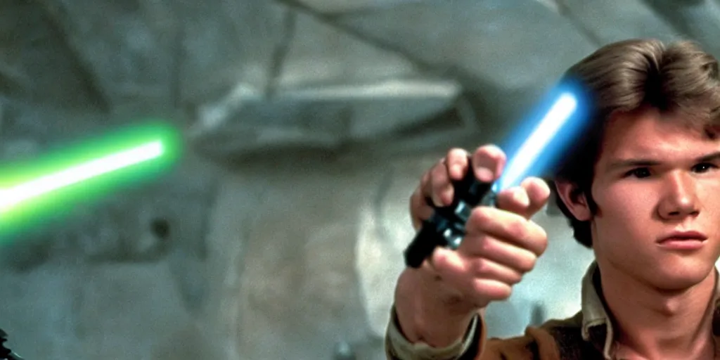 Image similar to a full color still of a teenaged Han Solo holding a lightsaber hilt during a sci-fi battle, cinematic lighting, 1999, directed by Steven Spielberg, 35mm