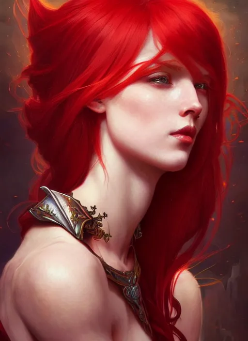 Prompt: a beautiful red haired woman as a demon, deep focus, d & d, fantasy, intricate, elegant, highly detailed, digital painting, artstation, concept art, matte, sharp focus, illustration, hearthstone, art by artgerm and greg rutkowski and alphonse mucha