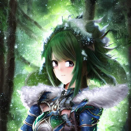 Image similar to portrait focus of knight beautiful 3D anime girl, green moss armor wearing, dark forest background, snowing, bokeh, inspired by Masami Kurumada, digital painting, high contrast, unreal engine render, volumetric lighting, high détail