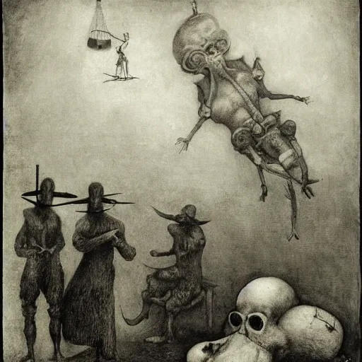 Image similar to plague doctors in the mist with weird rube goldberg machines, minimalist, joel peter witkin, heironymus bosch, gustave dore, beksinski, giger