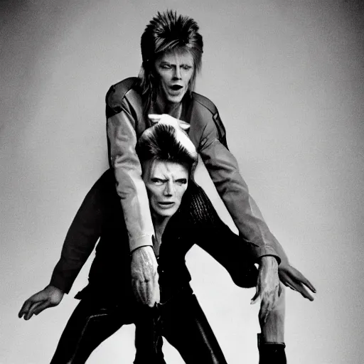 Prompt: david bowie from changes giving a piggy back ride to ziggy stardust. in the style of hans baldung.
