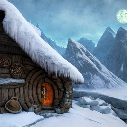 Prompt: hobbit housing at polar region, a detailed matte painting by anton pieck, deviantart contest winner, fantasy art, concept art, official art, matte drawing but afp cnn news photography and 3 d photoreal octane render unreal 5 ultra settings