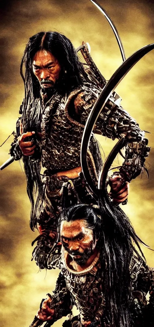 Image similar to movie poster for predator film shot in feudal japan staring hiroyuki sanada as a disgraced ronin, who hunts down the predator after he fails to protect his master from it
