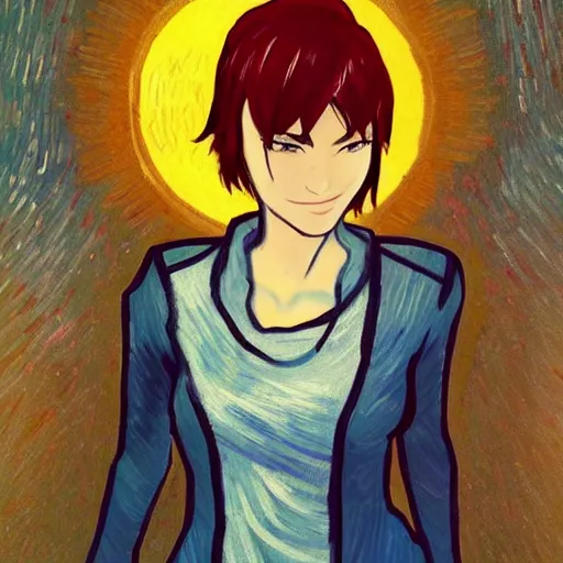 Prompt: full body portrait of Ruby Rose of RWBY, night time, star background, fantasy character portrait, casual pose, smiling, artwork by Vincent van Gogh and Amy Sherald, perfect face, simple form, 100m