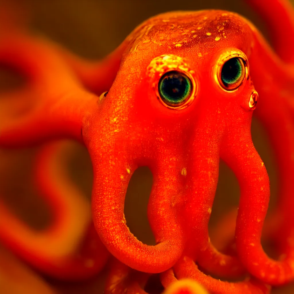 Image similar to fiery whimsical emotional eyes cephalopod, in a photorealistic macro photograph with shallow dof