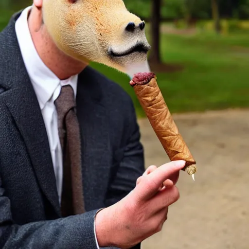 Image similar to smoking cigar, a man wearing a suit capybara head wearing a hat (smoking cigar)