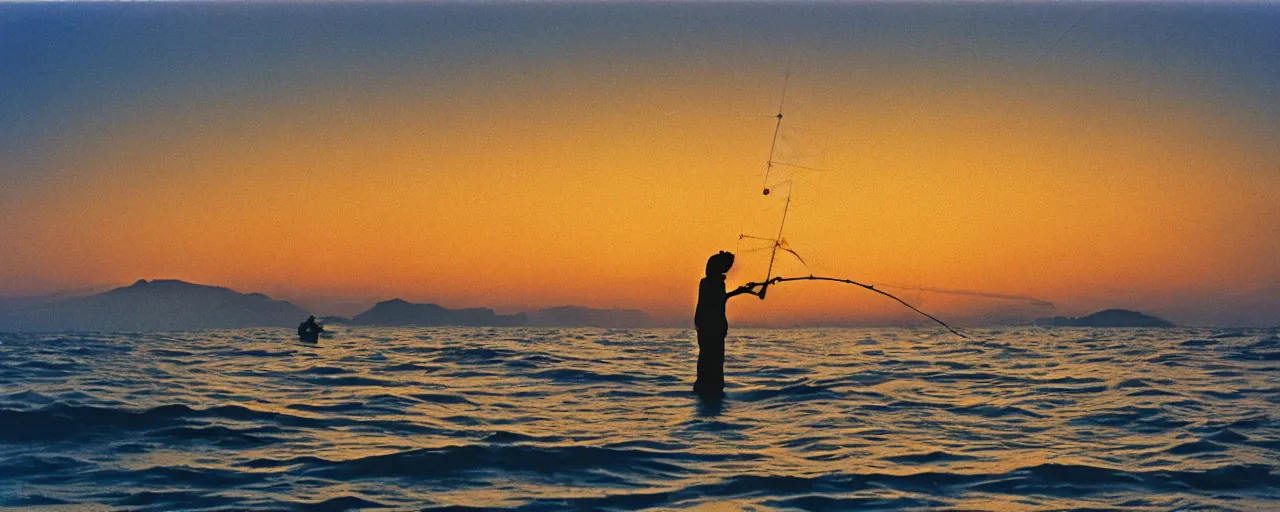 Image similar to fisherman fishing at sea, california, golden hour, hiroshi nagai, ultra long shot