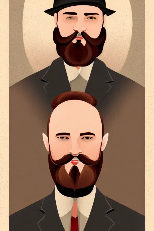 Image similar to an illustration of a portrait of a respectable dignified 1 9 3 0's era mennonite preacher with kind eyes and trimmed red beard and conservative haircut in the style of art - deco artwork art by kyle ferrin and loish!, digital art, highly detailed, intricate, sharp focus, trending on artstation hq, deviantart, 4 k uhd image