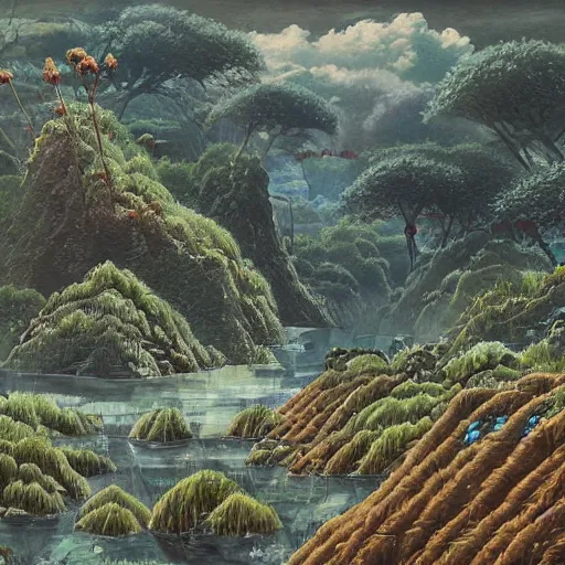 Image similar to detailed painting of a lush natural scene on an alien planet by tojiro oshita. beautiful landscape. weird vegetation. cliffs and water.