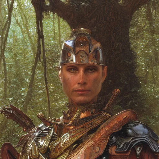 Prompt: a detailed, beautiful oil painting of a warrior wearing intricate, etched copper armor in an ancient forest, by michael whelan, donato giancola, and william adolphe bouguereau