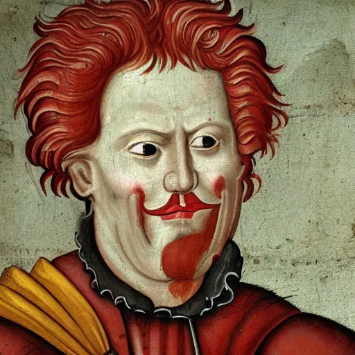 Image similar to Medieval painting of Ronald McDonald. High resolution. Highly detailed. Trending on art station. 4k. Dramatic.