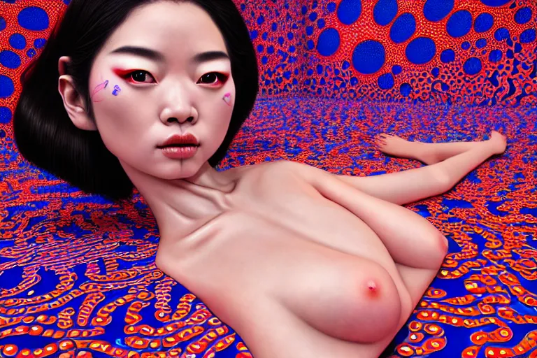 Image similar to hyperrealistic detailed image of a geisha laying in a art installation room, psychedelic background by yayoi kusama, part by kei mieno, part by alex gray, part by ross tran, part by james jean, ultra realistic, highly detailed, life like face, detailed body, 8 k, octane render, trending on artstation, very cohesive, masterpiece