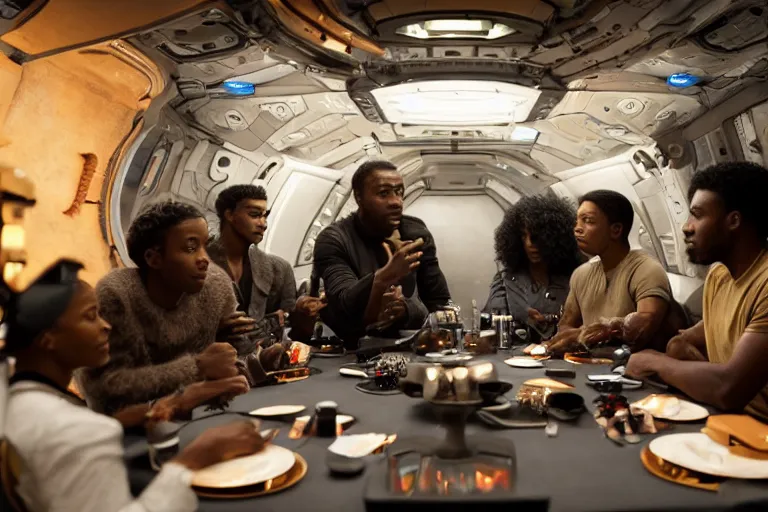 Prompt: movie diverse interracial team of European sci-fi futuristic space explorers talking at the table in a spaceship, beautiful skin, Symmetrical faces. Beautiful lighting by Emmanuel Lubezki