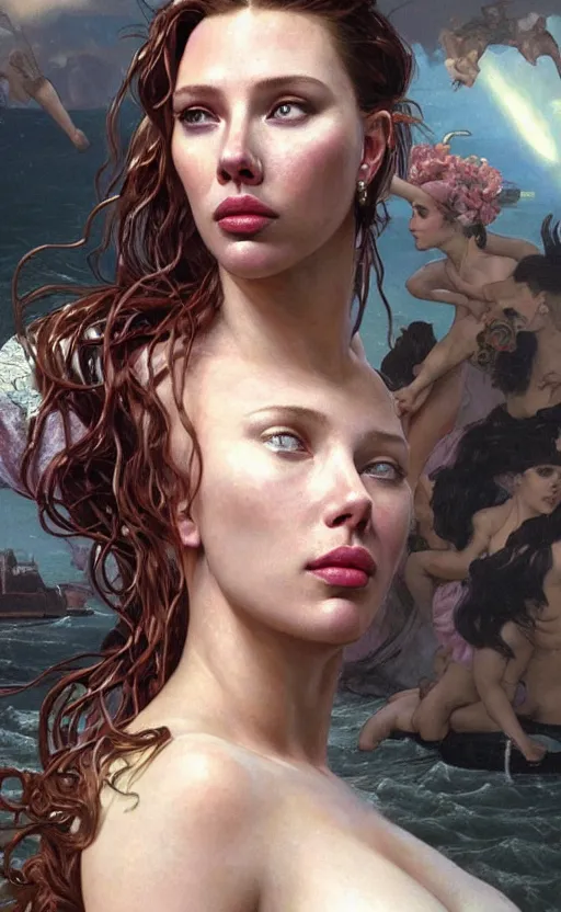 Image similar to portrait of the birth of venus, scarlett johansonn as a character in arabian Cyberpunk 2077, looking at camera, intricate, dystopian, sci-fi, extremely detailed, digital painting, artstation, concept art, smooth, sharp focus, illustration, intimidating lighting, incredible art by artgerm and greg rutkowski and alphonse mucha and simon stalenhag