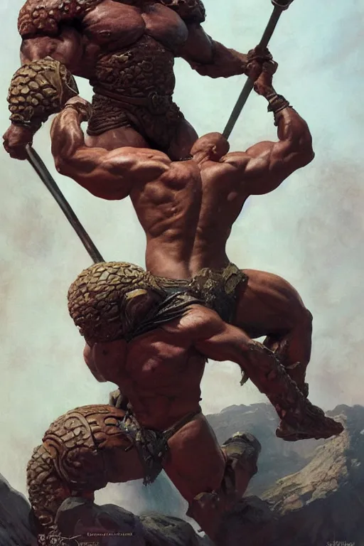 Image similar to giant bodybuilding warrior king on venus by ruan jia, jack kirby, norman rockwell, wayne barlow, sergey krasovskiy, zdzislaw beksinski, artstation creature