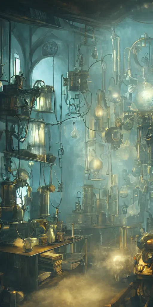 Image similar to A alchemist laboratory, steam punk, trending on artstation, award winning, 8k, volumetric lighting