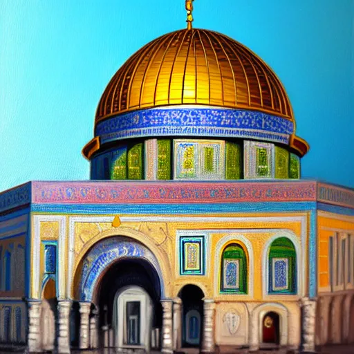 Prompt: a beautiful oil painting flyer design illustration of dome of the rock jerusalem hands hugging it, intricate, elegant, highly detailed, digital painting, artstation, concept art, smooth, sharp focus, illustration