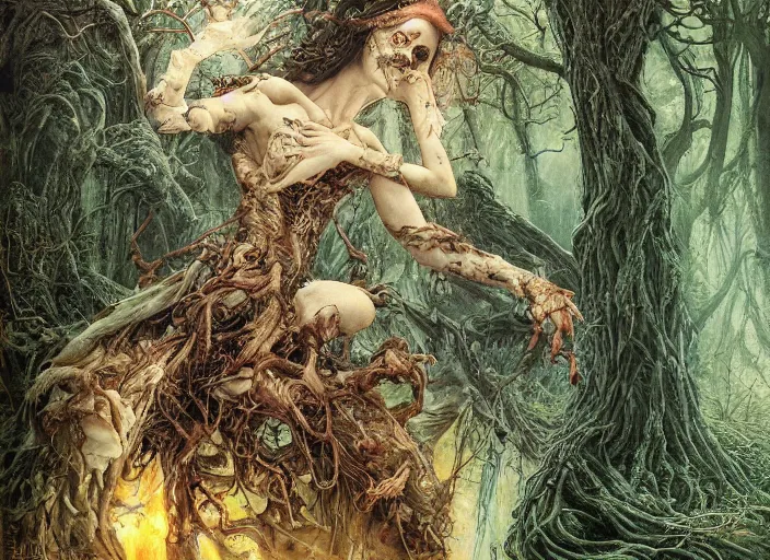 Prompt: realistic detailed image of a woman in a dark forest with a monster peeking from behind a gnarled tree by Ayami Kojima, Amano, Karol Bak, Greg Hildebrandt, and Mark Brooks, Neo-Gothic, gothic, rich deep colors. Beksinski painting, part by Adrian Ghenie and Gerhard Richter. art by Takato Yamamoto. masterpiece. ultra details, high quality, high resolution .