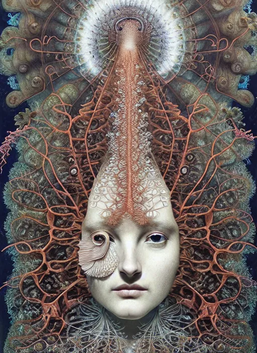 Image similar to realistic detailed underwater face portrait of the beutiful young goddess of the fish of the fractal waters with an intricate headdress of corals, sea kelp, sea plants, coral reef, fish, jellyfish, art by ernst haeckel, zdzisław beksinski, hieronymus bosch, gothic, neo - gothic, ornamental, beautiful deep colours,