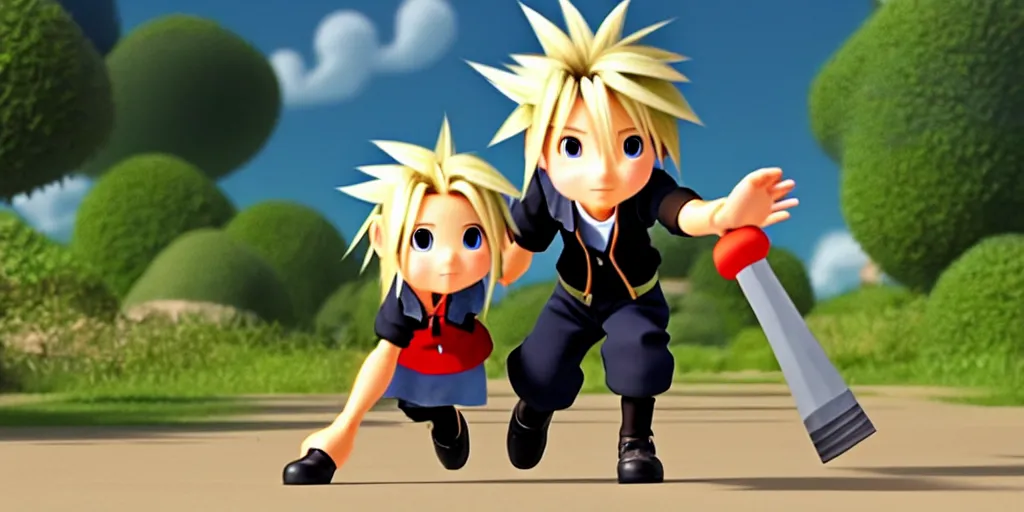 Image similar to a wholesome animation key shot of cloud strife studio ghibli pixar and disney animation sharp render