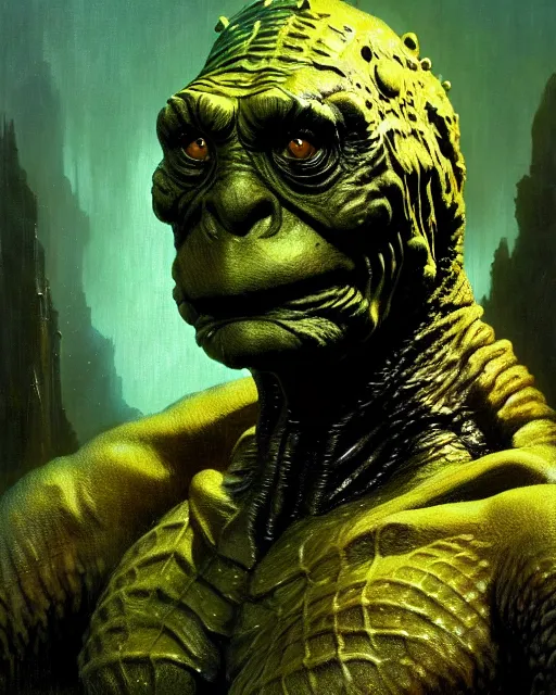 Image similar to a still from the movie creature from the black lagoon, portrait of the creature from the black lagoon, fantasy character portrait, ultra realistic, concept art, intricate details, highly detailed by greg rutkowski, gaston bussiere, craig mullins, simon bisley