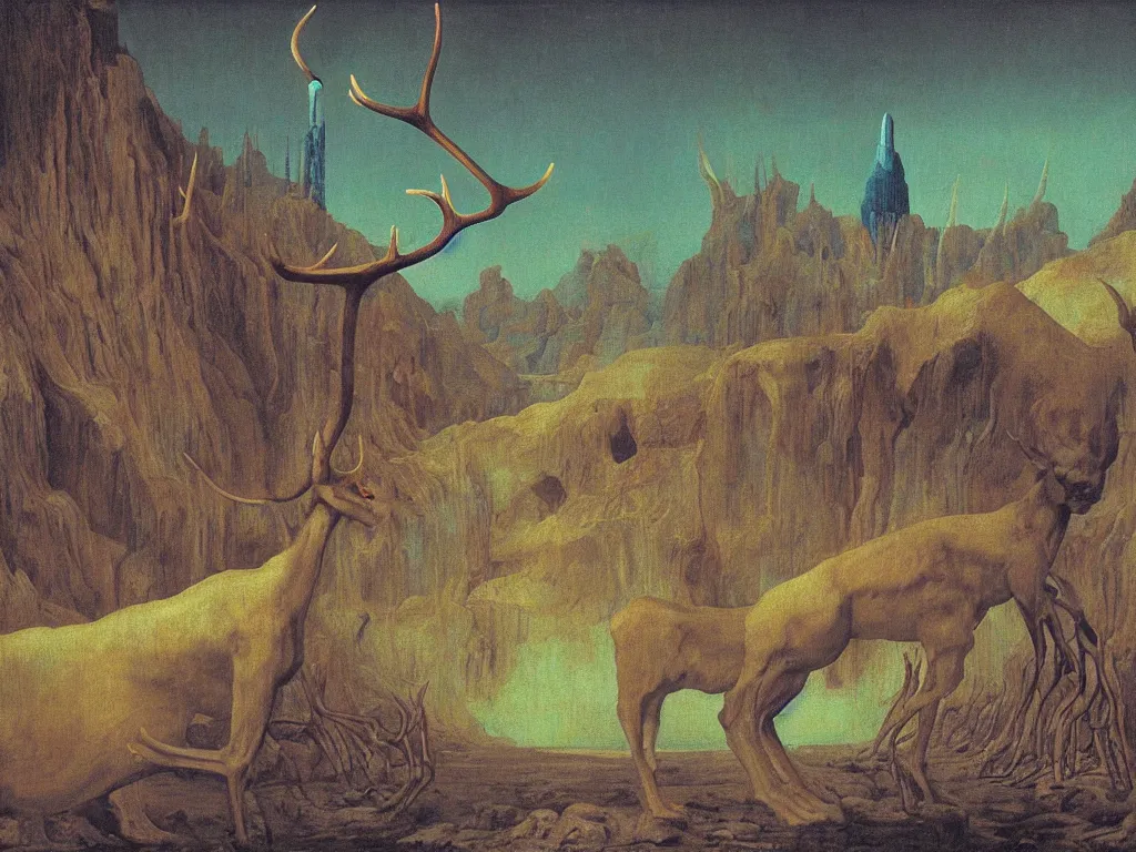 Image similar to Portrait of strange humanoid animal with antlers, snout, moth wings, mat antennae entering the toxic, phosphorescent river flowing from the factory. Apocaliptic skies. The glowing rock in the lithium desert. Painting by Jan van Eyck, Rene Magritte, Jean Delville, Max Ernst, Beksinski