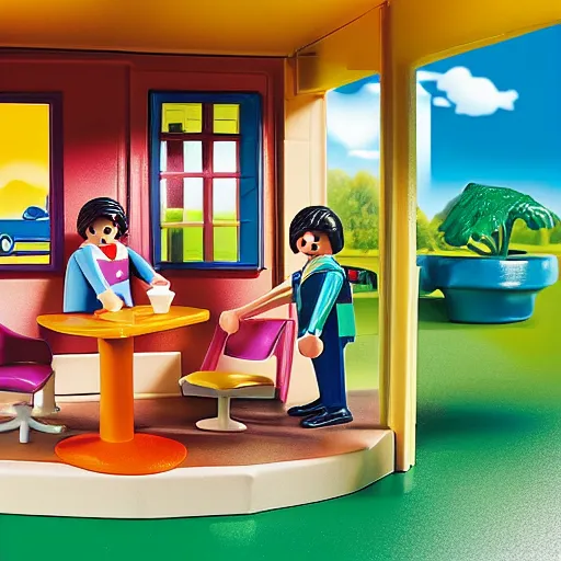 Prompt: a playmobil set with a mid - century modern house