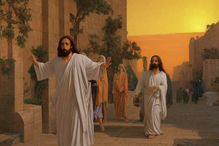 Image similar to painting of jesus christ walking through jerusalem, beautiful, sunset, romantic, by ludwig deutsch and maxfield parrish, patterned tilework, extremely detailed, cinematic lighting, smooth sharp focus