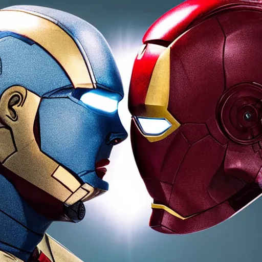 Prompt: A close-up studio photographic portrait of Captain American kissing Iron Man