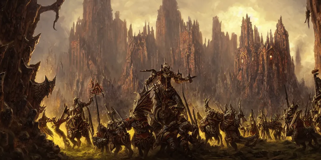 Image similar to highly detailed portrait painting of an ancient elves on hell horses war battle, abbey warhammer battle, old abbey in the background, carhedrals, giant columns, by eddie mendoza and liang xing, 8 k resolution