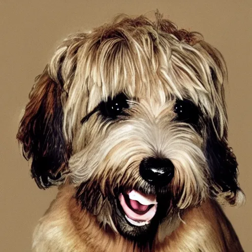 Image similar to hyper realistic photo of dolly parton as a wheaten terrier