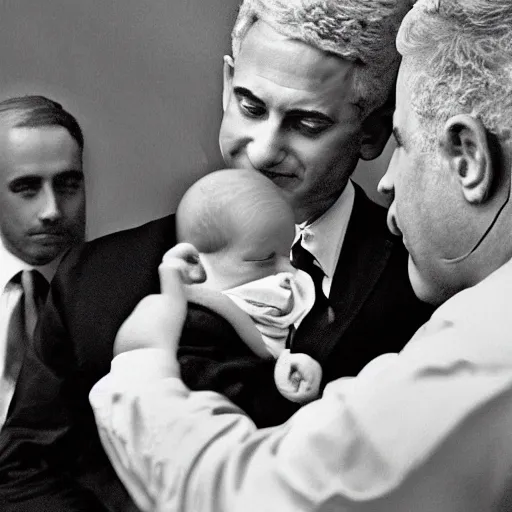 Image similar to benjamin netanyahu as a baby being breast fed by yair lapid. digital painting, high detail, 8 k, film still