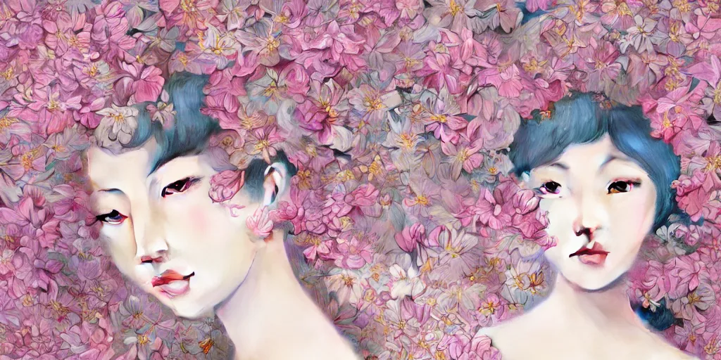 Image similar to breathtaking delicate painting pattern art deco blend of flowers and faces, by hsiao - ron cheng, bizarre compositions, many exquisite detail, pastel colors, 8 k