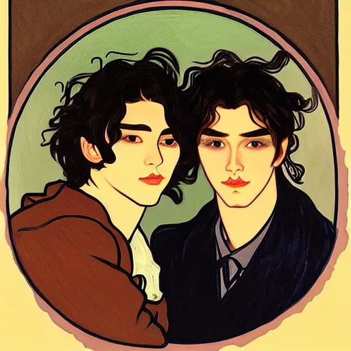 Image similar to painting of young cute handsome beautiful dark medium wavy hair man in his 2 0 s named shadow taehyung and cute handsome beautiful min - jun together at the halloween party, bubbling cauldron, candles, smoke, tarot, autumn colors, elegant, stylized, soft facial features, delicate facial features, art by alphonse mucha, vincent van gogh, egon schiele