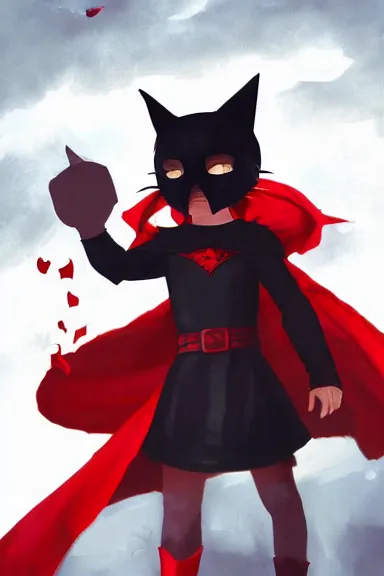 Image similar to little boy with cat ears in an black outfit with red cape. digital artwork made by lois van baarle and kentaro miura and marc simonetti, sharpness focus, inspired by hirohiko araki, anatomically correct, heroic composition, hero pose, smooth, concept art