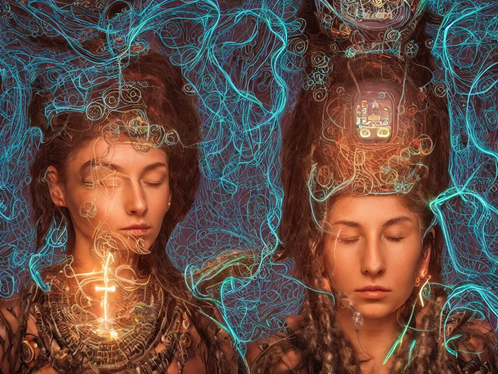 Prompt: an ancient mystical alluring female shaman meditating in a cybernetic robot temple generating flowing spiral energy and surrounded by wisps of incense smoke, face face face