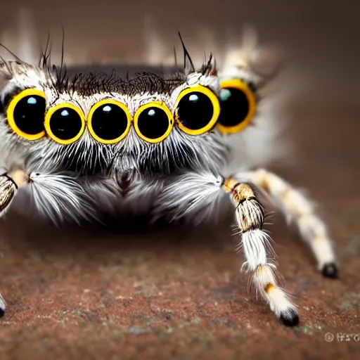 Prompt: jumping spider mixed with owl with 4 eyes and 8 legs,owl feathers, cute creature, hybrid, anamorphic lens, bokeh, kodak color film stock, macro shot